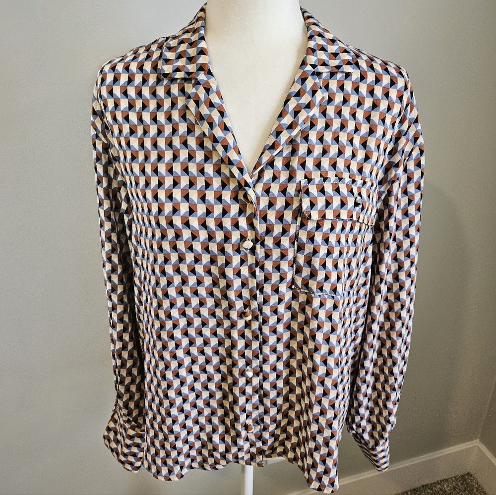 Worthington Mulitcolor  Geometric Print Long-Sleeve Blouse Size Large